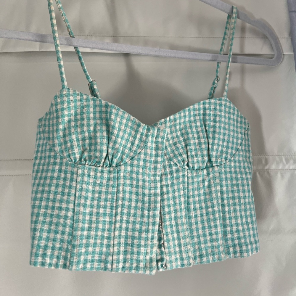 Zara Gingham Green and White top